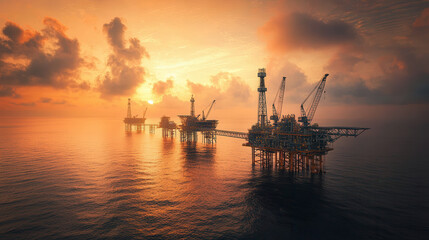 Obraz premium Offshore oil rigs silhouetted against vibrant sunset over calm waters