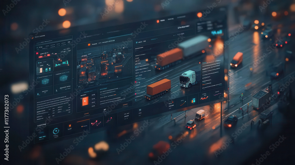 Poster digital dashboard displaying real time freight data with trucks on road