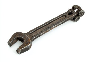 close up of an old, rusty metal wrench with wheels