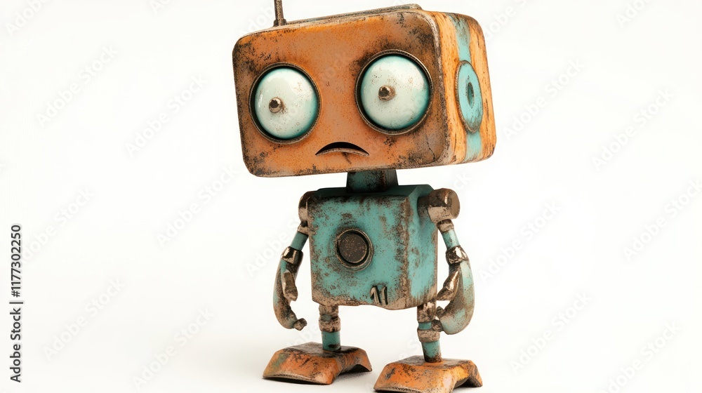 Poster a quirky, vintage-style robot with a distressed appearance and expressive eyes.