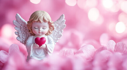 Fototapeta premium Little angel with heart for Valentine's Day on pink background