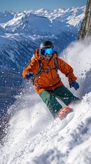 Snowboarder in Bright Orange Jacket Enjoys Powder Snow in Mountains