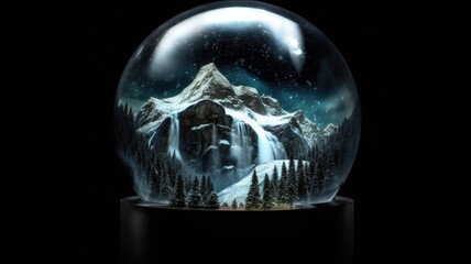 snowy mountains enclosed in a snow globe