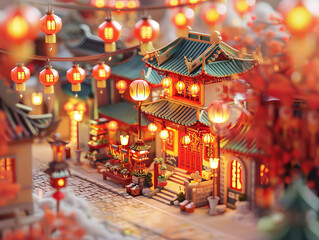 Dreamy Chinese style Spring Festival ancient architecture lantern miniature landscape