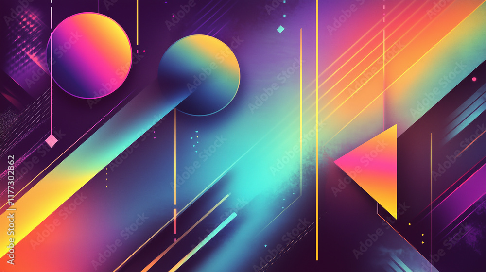 Poster abstract geometric shapes in vibrant neon colors creating a futuristic, dynamic visual experience of