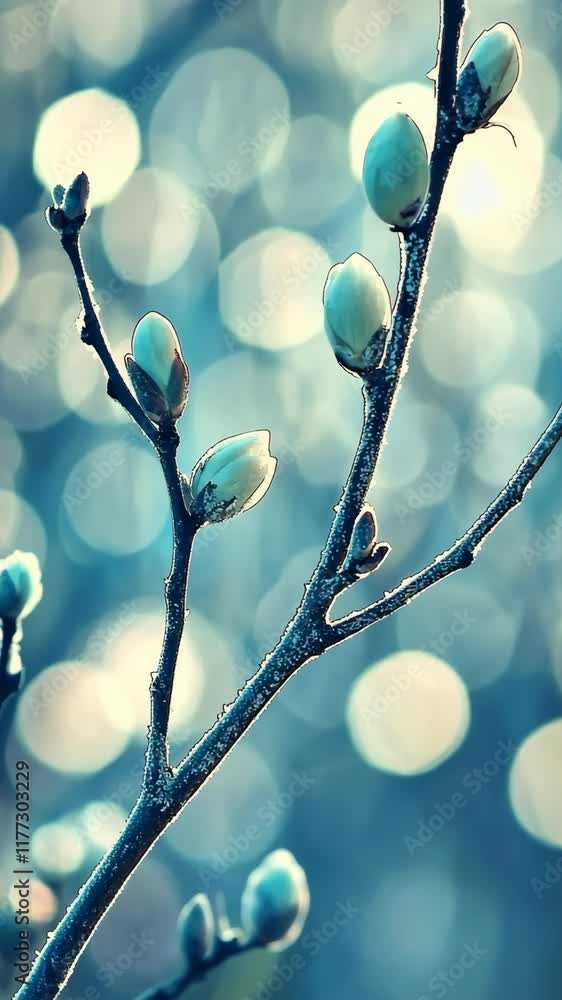 Poster budding magnolia branches create a serene atmosphere with bokeh background in early spring sunlight