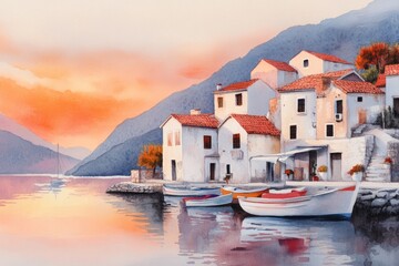 Fototapeta premium A dreamy watercolor of Rab island at sunset, with warm hues reflecting on the Adriatic waters