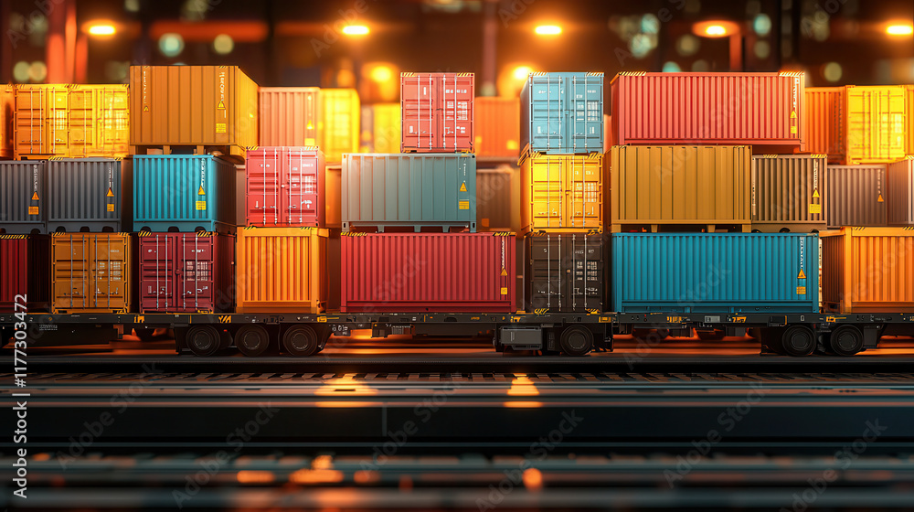 Poster high tech cargo tracking software visualized with colorful shipping containers stacked at freight te