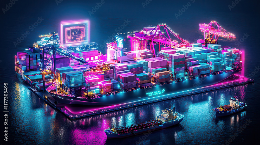 Poster high tech cargo ship illuminated with neon lights, showcasing advanced tracking systems and ai analy