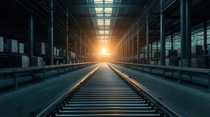 Obraz premium high tech conveyor system for freight in modern warehouse, illuminated by warm sunset