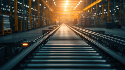 Fototapeta premium High tech conveyor system for freight in bright industrial warehouse