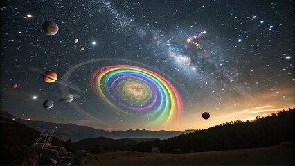 Rainbow Vortex in Night Sky with Shimmering Stardust. Perfect for: Pride events, cosmic celebrations, New Year