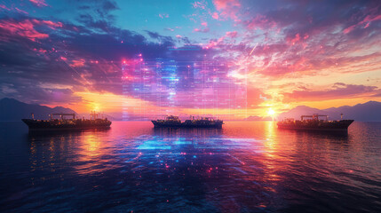 stunning sunset over tranquil sea with cargo ships and holographic scheduling system visualizing shipments