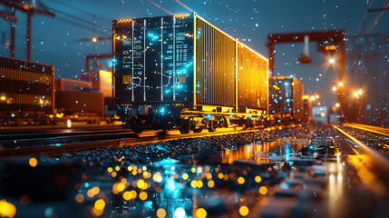 High tech cargo tracking software interface on freight train at night