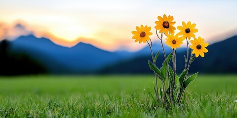 Fototapeta premium Bright Yellow Flowers Blooming on Green Grass with Mountain Sunset in the Background