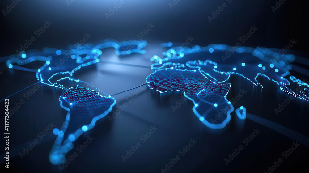 Poster 3d holographic visualization of global network with glowing connections, showcasing continents and d