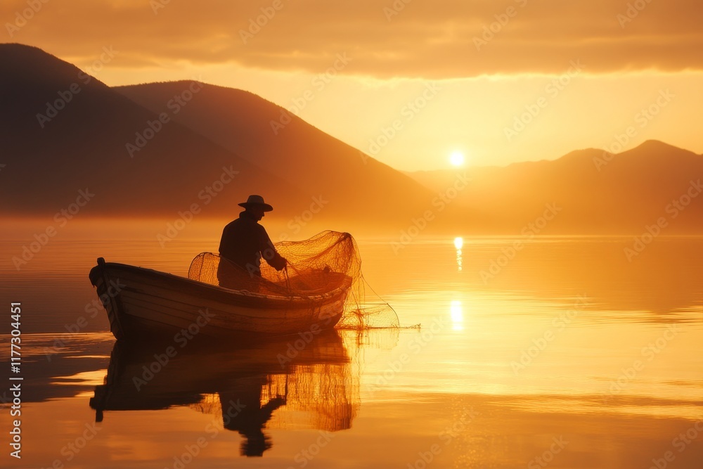 Poster a fisherman casting his net on the coast of cres island, with the morning light creating a peaceful 