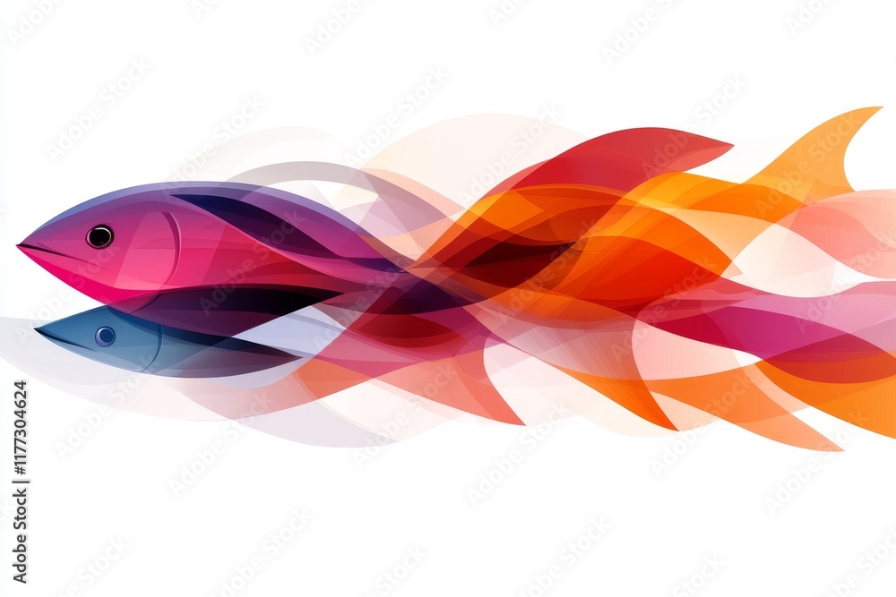Aufkleber A flat 2D design of a swarm of krill moving in synchronized patterns, illustrated with bold colors and sharp lines on white