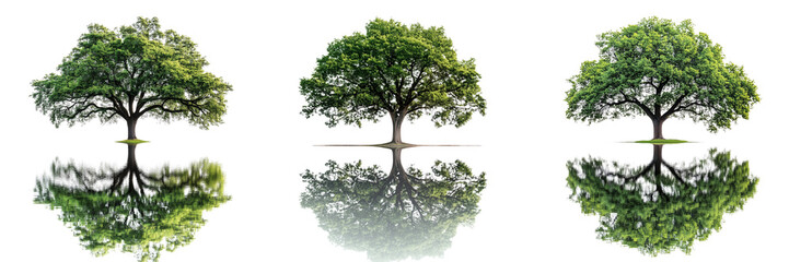 Obraz premium Set of Tranquil scene of a tree’s reflection in a peaceful pond on transparent png background