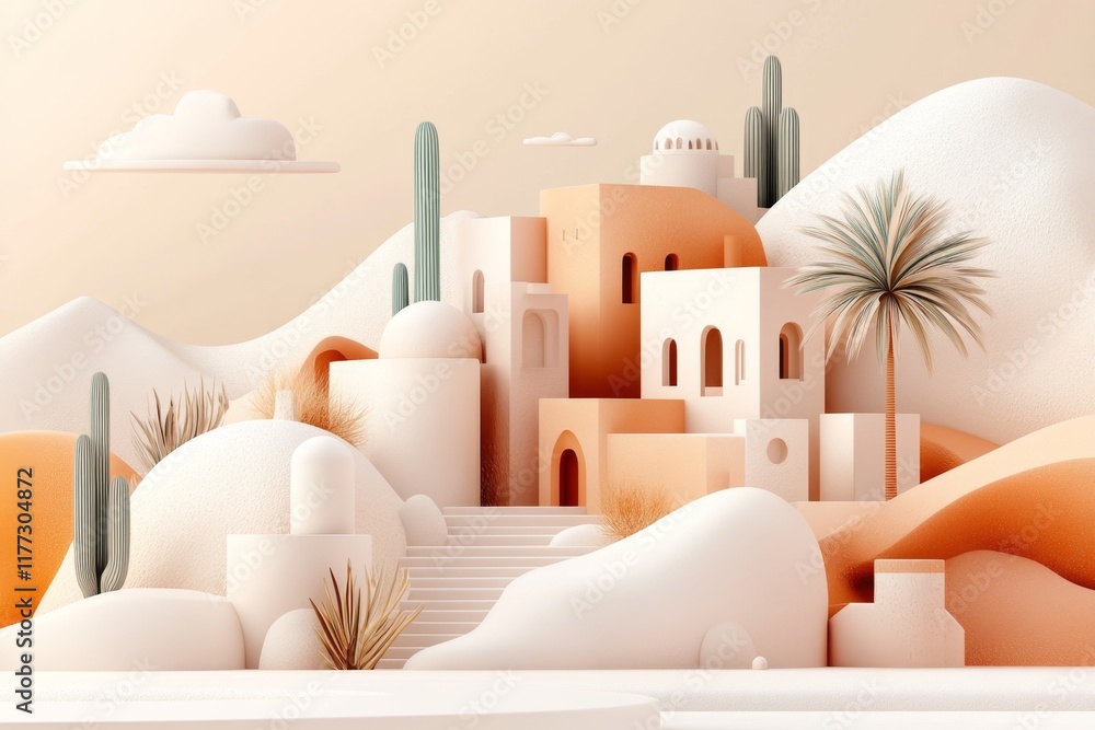 Aufkleber a flat design of a ksar courtyard, with simplified mudbrick structures and palm trees illustrated in