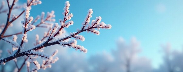 Frosty branches stretching towards a blue sky, twig, frost, foliage
