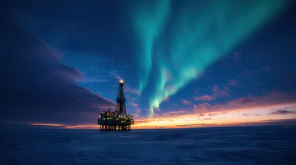 Fototapeta premium stunning nighttime oil rig illuminated by aurora borealis, showcasing vibrant colors against dark sky