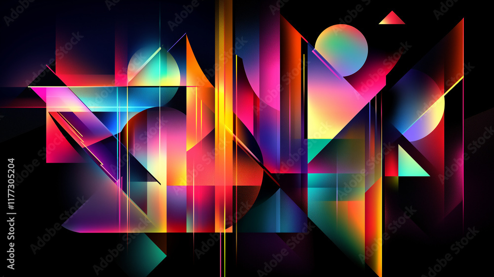 Poster abstract geometric shapes in vibrant neon colors creating a futuristic, dynamic visual experience of