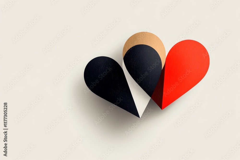 Poster a flat design of two interlocking hearts with bold geometric shapes, one in red and the other in gol