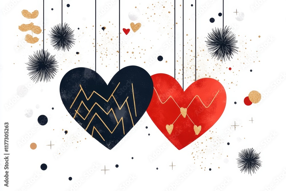 Aufkleber a flat design of two interlocking hearts with bold geometric shapes, one in red and the other in gol