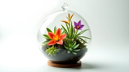 A vibrant floral display inside a glass terrarium with a glowing effect