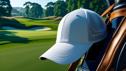 Lightweight Golf Hat on Golf Bag with Green Backdrop

