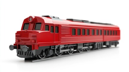 A red model train on tracks, showcasing design and engineering in transportation.