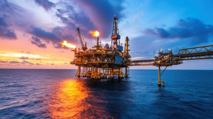 Oil rig glowing orange from gas flares at sunset over ocean, creating dramatic scene