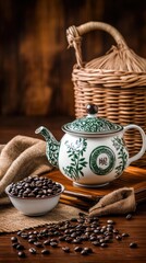 A wooden tray displays an enamel teapot and mug alongside a bowl of coffee beans, set against a bamboo backdrop