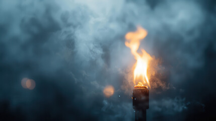 flame flickers in dark, surrounded by swirling smoke, creating dramatic atmosphere