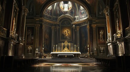 Obraz premium Majestic interior of a Roman Catholic church, high altar at the center, surrounded by sacred stained glass art.
