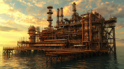 vintage industrial oil rig stands majestically over calm waters at sunset, showcasing intricate pipes and structures