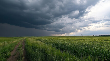 storm system looms over lush green field, creating dramatic contrast with dark clouds. scene evokes sense of nature power and beauty
