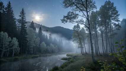 Floating Silver Forest Under Moonlight with Haze. Perfect for: Christmas, fantasy events, winter festivals