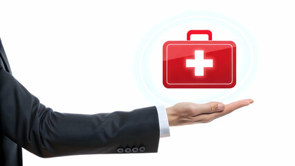 Business Professional Holding Virtual Medical Kit Icon with Care