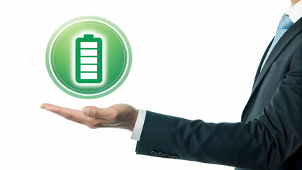 Businessman Holding Conceptual Battery Icon with Charge Indicator