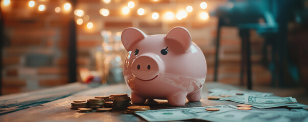 Obraz premium playful pink piggy bank surrounded by coins and cash on rustic table, creating cheerful atmosphere. Perfect for themes of saving and finance