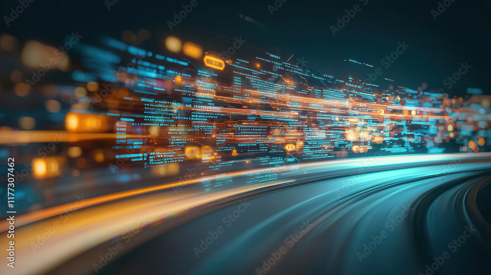 Poster dynamic digital data flow with vibrant colors and abstract patterns