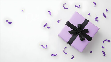 Lavender gift box with black ribbon, confetti, white background.  Perfect for celebrations, promotions, or gifting.