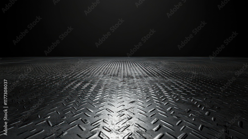 Poster a reflective metal surface with a textured pattern, set against a dark background.