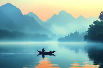A traditional Chinese fisherman skillfully catching fish in a small wooden boat on calm waters, surrounded by serene natural scenery, evoking cultural heritage and tranquility.

