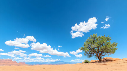 Lone tree on desert plateau under blue sky with distant mountains, perfect for travel or nature documentaries.