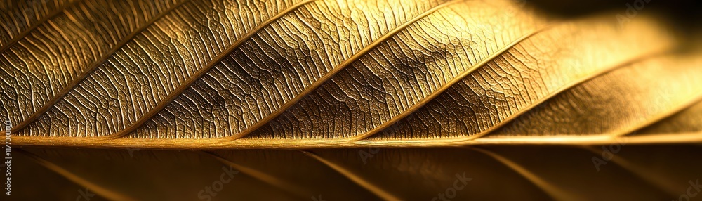 Poster close-up view of a golden leaf showcasing intricate textures and natural patterns.