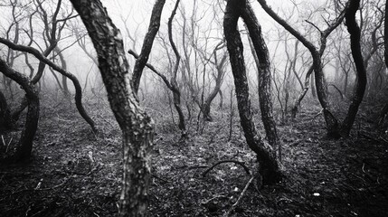 Eerie Forest Landscape with Twisted Trees in Foggy Atmosphere Captivating Mystery