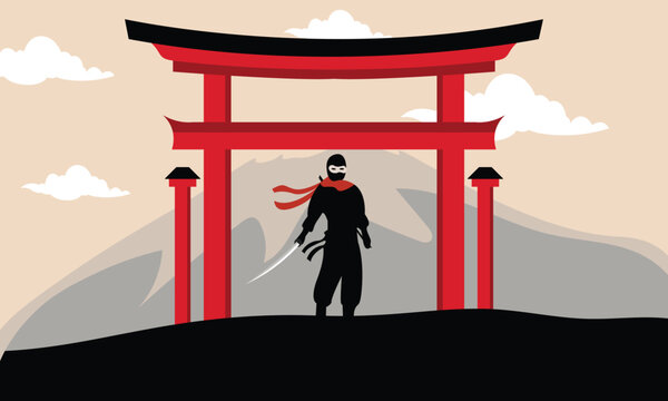 Ninja warrior background with torri gate flat design. 